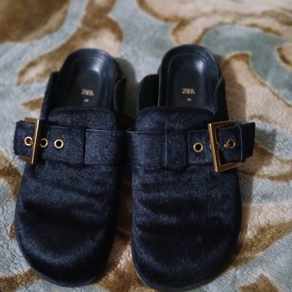Zara Black Slip-On Loafers with Gold Buckle
